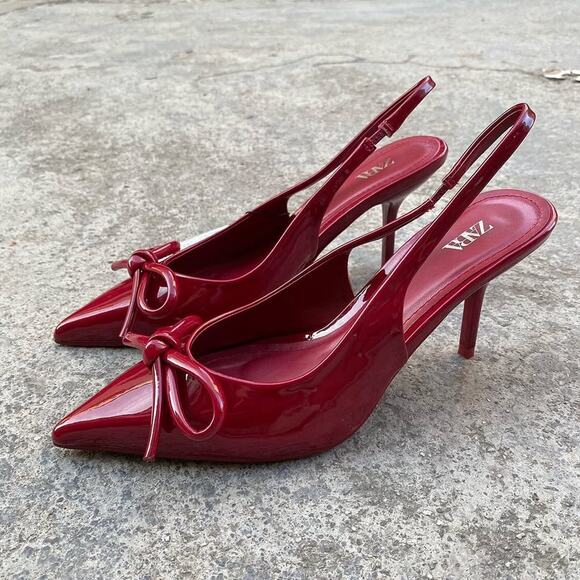 ZARA Patent Pointed Toe Slingback Heels NWT – Red Bow Pumps, Size 6.5–10 - Picture 14 of 16